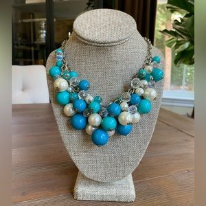 Chunky Beaded Faux Pearl Turquoise Blue Crystal Cluster Bib Statement Necklace